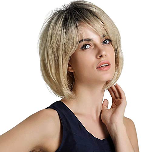 Sallcks Short Ombre Blonde Bob Wig for Women Layered Natural Straight Dark Roots Wigs Synthetic Cosplay Custome Hair Full Wig