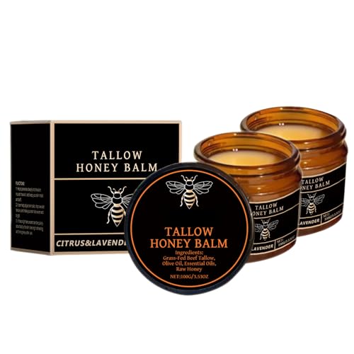 Organic Grass-Fed Beef Tallow Balm, Moisturizing Skin Care for Face & Body, Natural Tallow with Raw Honey for Dry Skin, 3.53 OZ (2 PCS)