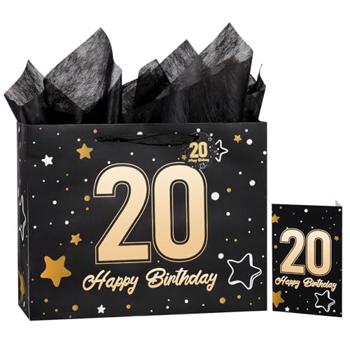 Image of Powbrace 13 inch Black 20th Birthday Gift Bag with Tissue Paper and Greeting Card for Party,Happy Birthday Gift Bag for Men Women,Gift Bags Medium size(1 Black 20th)