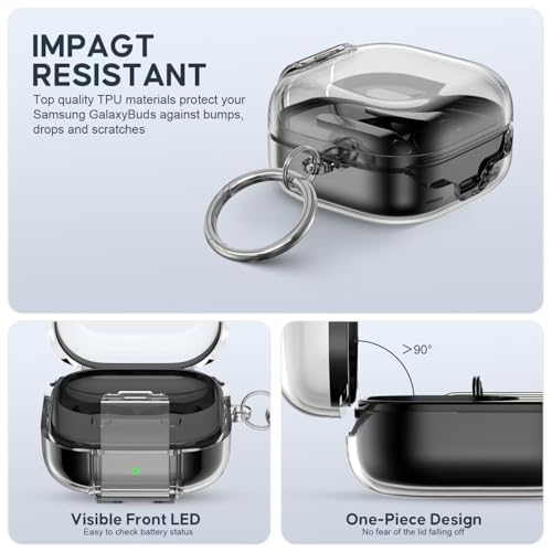 Image of Hybrid Transparent Case for Samsung Galaxy Buds 4 and 4 Pro with Metal Keyring, Built-in Phone Stand, Locking-Switch Cover (Transparent Black, Clear Lock with Stand)