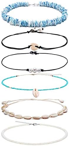 SHIWE 6PCS Bohemian Puka Seashell Choker Necklaces for Women Girls Handmade Hawaii Beads Pearls Cowrie Shells Choker Necklace Beach Jewelry Set