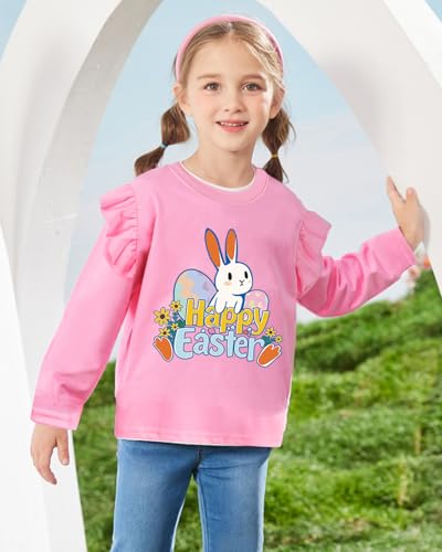 Image of Tkria Toddler Girls Happy Easter T-Shirt Bunny Eggs Ruffle Long Sleeve Shirt Kids Tee Top 2-7T