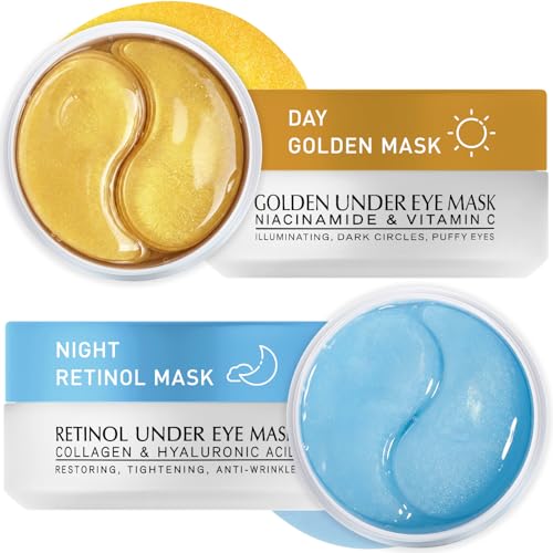 Under Eye Patches Kit: 120 Pcs Retinol & Golden Gel Eye Mask for Dark Circles, Puffiness and Wrinkles - Day & Night Skin Treatment Pads with Niacinamide, Collagen, Hyaluronic Acid & Vitamin C (2 Pack)