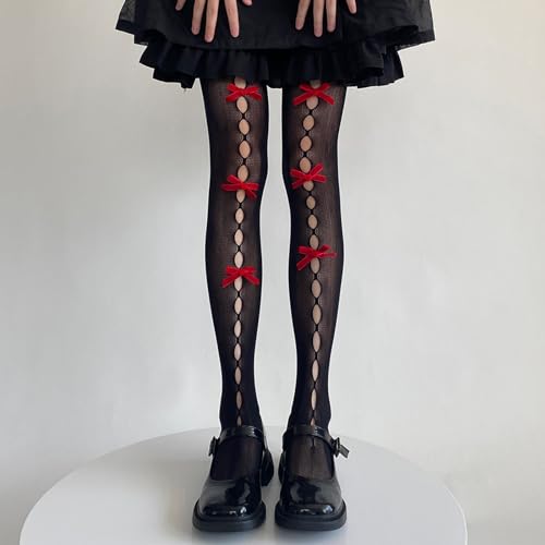 Image of SOLILOQUY Women's Lolita Pattern Tights Kawaii Velvet Bowtie Fishnet Stockings Leggings Mesh Pantyhose Hollow Out lace Socks