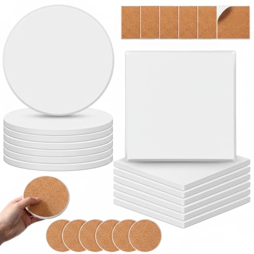 Zopeal 24 Pcs Ceramic Tiles for Crafts Coasters Include Unglazed White Ceramic Tiles with Cork Backing Pads Use with Alcohol Ink Acrylic Pouring for DIY Project Gift (Square Round)