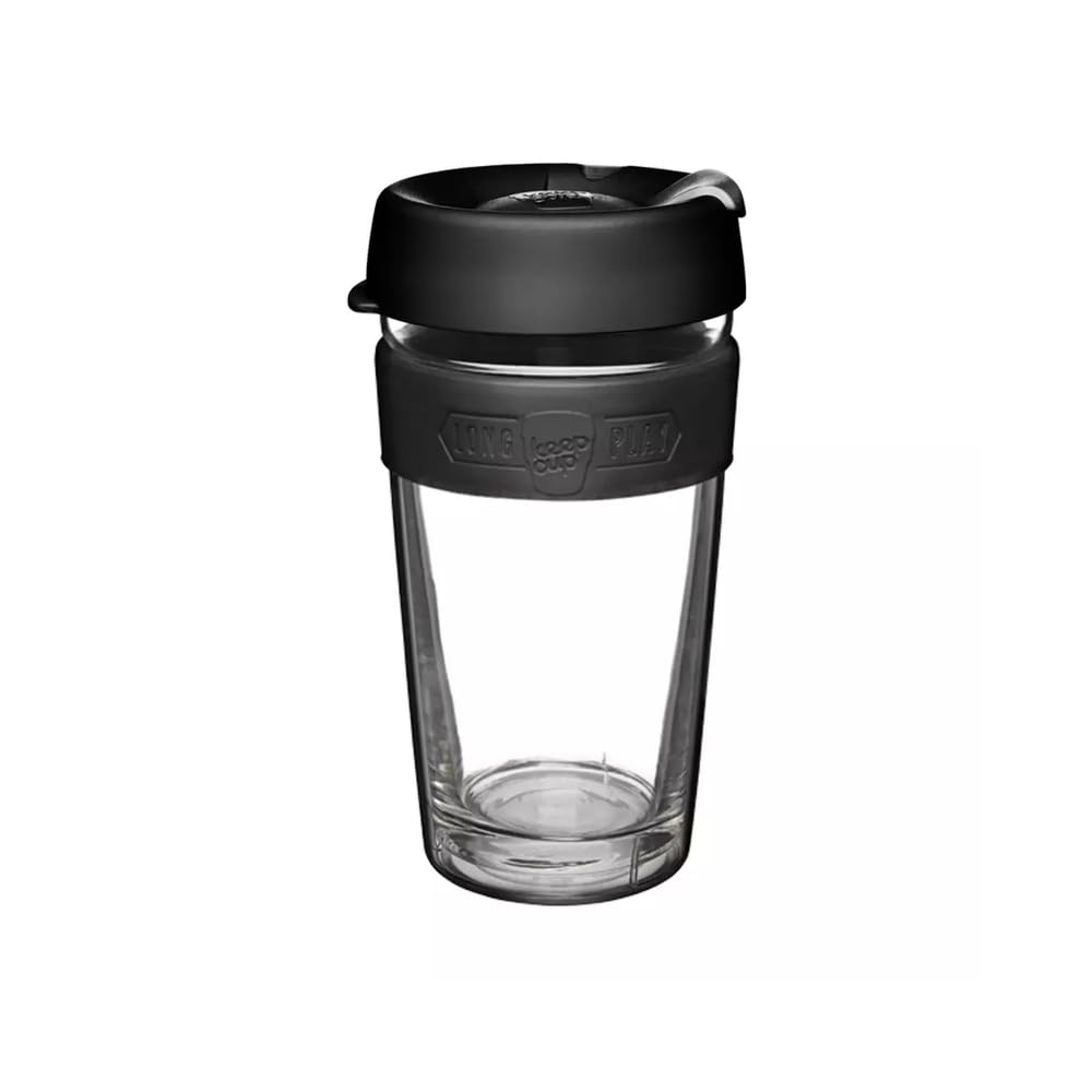 KeepCup Longplay - Reusable Coffee Cup, Tempered Glass Cup with a Removable Clear Tritan Plastic Sleeve and splashproof Sipper lid - 16oz/454ml - Black
