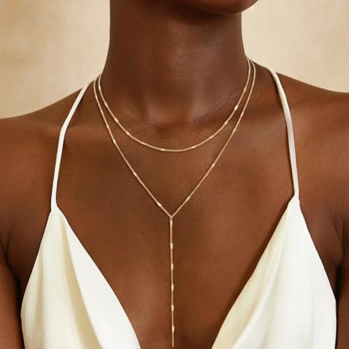 Lariat Gold Necklace for Women, Dainty Long Necklace 14K Gold/Silver Y-Shaped Pendant Necklace Minimalist Cz Beaded Chain Drop Layered Necklaces Gold Jewelry For Women Gift3