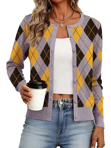 Bellcoco Cardigan Sweaters for Women Lightweight Crew Neck Button Down Long Sleeve Spring Summer Outfits Fashion Sweater 2026 Grey Argyle XXL