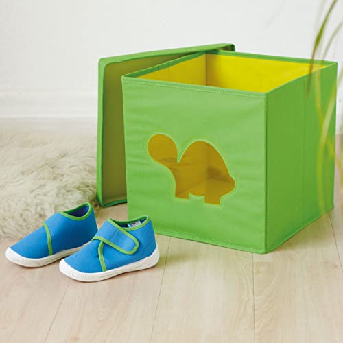 LOVE IT STORE IT Spielzeugbox mit Deckel - Aufbewahrungsbox aus Stoff - Verstärkt mit Karton - Quadratisch - Grün mit Schildkröte - 30x30x30 cm
