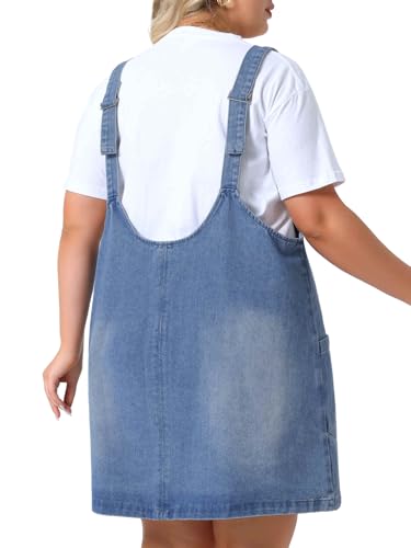 Image of Agnes Orinda Plus Size Denim Overall Dress for Women Sleeveless V Neck Denim Jumper Dress with Pocket