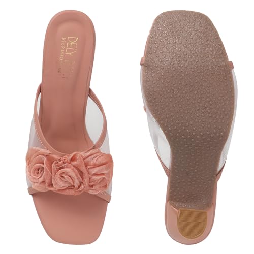 Image of Dely Bely Women's Black Floral Embellished Heels | Stylish Slip-On Party Sandals with Comfortable Heel for Wedding, Festive & Casual Wear