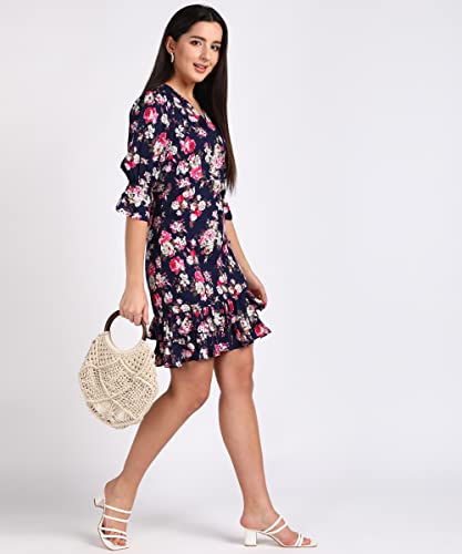 Image of Vahson Bottom 2 Layer Flared Balloon Sleeve V-Neck Dot Printed Short Knee Length Dress for Girls /Women