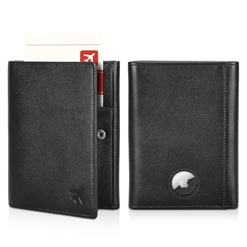 Polare Napa Leather Pilot Wallet Passport Holder RFID Blocking Tri-fold Travel Cover Document Organizer for Aviation Professionals (Black with AirTag Slot)