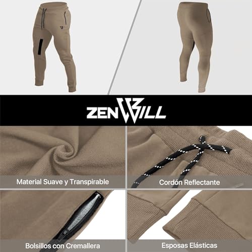 ZENWILL Cremallera Gym Jogger, Pantalon Deporte Malla Transpirable Fitness Hombre(Beige,L) - imagen 5