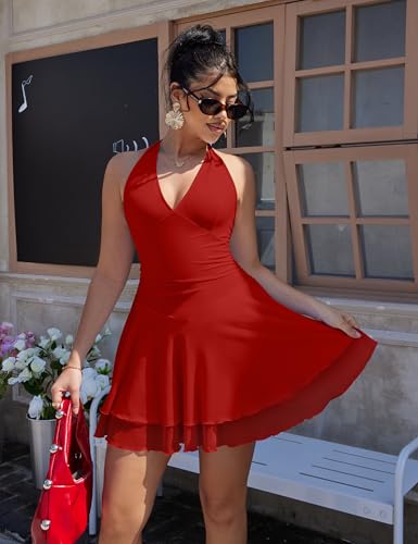 Image of GOKATOSAU Women's Halter V Neck Ruffle Hem Mini Club Party Dress | Summer Sleeveless,Ruched Waist,Sexy Cute,Backless,Flowy Mesh,Date Night,Vacation Short Dress,A-Line Going Out Dance