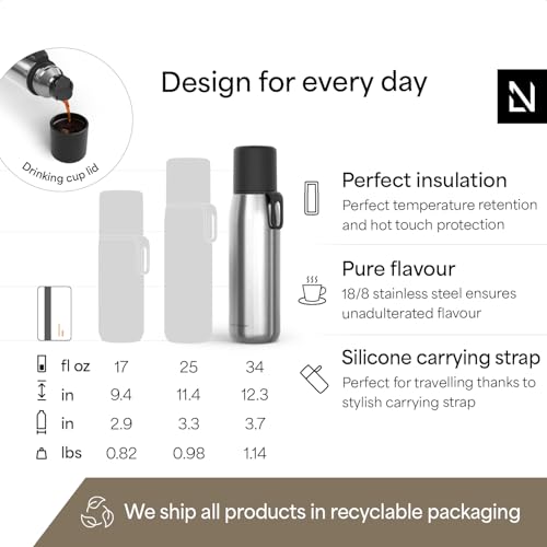 Image of LARS NYSOM Stainless Steel Thermo Water Bottle - Double Wall Insulated Water Bottle with Cup & Carry Strap, Leakproof Metal Bottle for Travel, Office & Outdoor (Stainless Steel, 34oz)