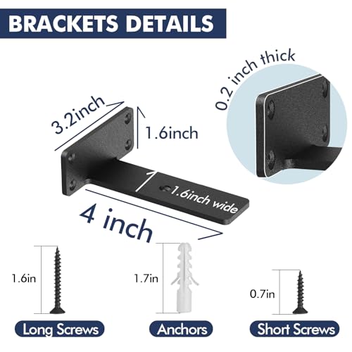 Image of Starunder 4 Pack Floating Shelf Brackets, 4 Inch Heavy Duty Industrial Shelf Bracket, Black Metal L Brackets for Shelves Support DIY(1 /5 Inch Thicked)