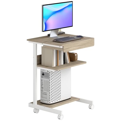 HOMCOM Schreibtisch mit Rollen Computertisch platzsparender Bürotisch mit CPU-Ständer, Schublade, Ablage, PC Tisch für Home Office, Schlafzimmer Eiche