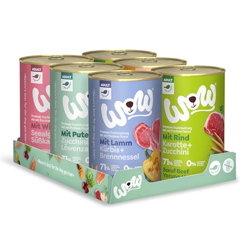 Wow Nassfutter für Hunde, verschiedene Geschmacksrichtungen, 6 x 400 g, (2 x Rindfleisch, 1 x Lamm, 1 x Truthahn, 1 x Lachs, 1 x Hirsch)