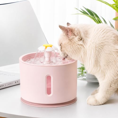 Image of Cawypety Cat Drinking Fountain, Water Dispenser for Cats with Water Level Window, Cat Flower Art Water Bowl, Hygiene Filter, Pet Drinking Fountain (Pink)