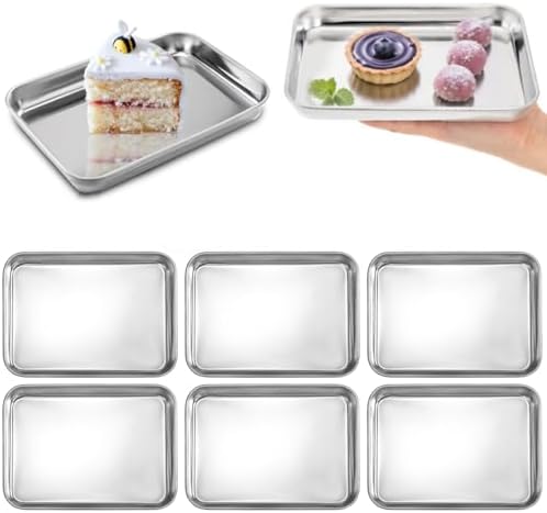 Lyellfe 6 Pack Small Stainless Steel Plates, 7''L x 5''W Mini Metal Food Tray Plate, Portable Size Baking Sheets for Oven, Food Safe Smooth Polished for Picky Eaters, Campers, Hand Project