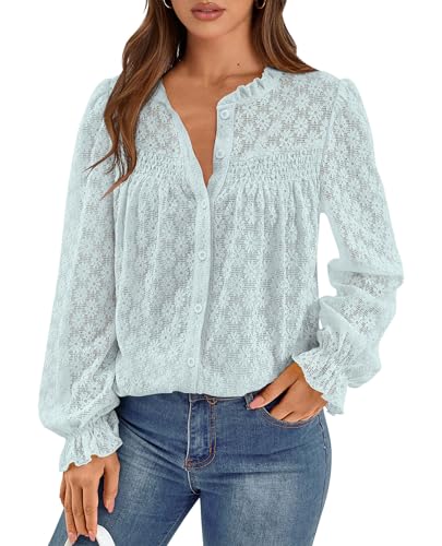 PRETTYGARDEN Lace Long Sleeve Shirts Fall Outfits for Women 2025 Casual Button Down Going Out Tops Hollow Out Eyelet Blouses(Light Blue,Medium)