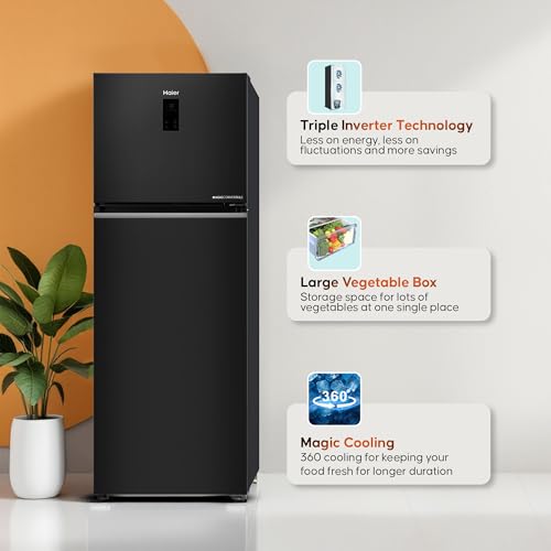 Image of Haier 358L 3 Star Frost Free Top Mount Double Door Refrigerator | Convertible 10-in-1 | Digital Display Panel | Triple Inverter | Twist Ice Maker (2025 Model, HRF-4083BLGK-P, Graphite Black)