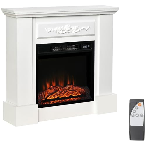HOMCOM Chimenea Eléctrica 1800W Chimenea Decorativa con Marco Efecto de Llama Mando a Distancia Temporizador Protección contra Sobrecalentamiento para Sala 30 m² Blanco