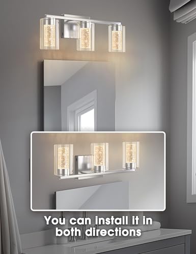 Image of DORESshop 3-Light Brushed Nickel Bathroom Lighting Fixtures Over Mirror, LED Vanity Light for Bathroom with Crystal Bubble, White /Neutral /Warm Dimmable Vanity Lighting Fixtures with Clear Glass Shade