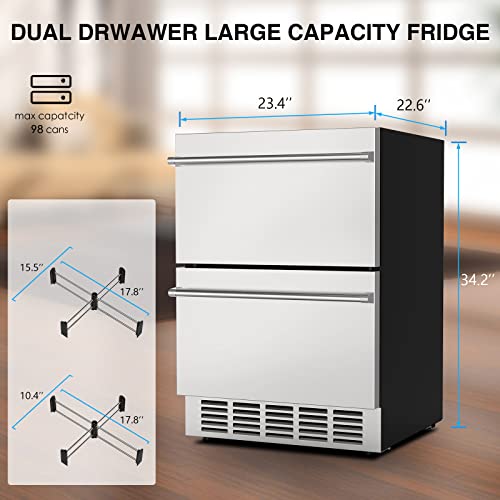 Image of Mojgar 24 inch Under Counter Beverage Refrigerator, Indoor /Outdoor Fridge with Double Drawer Storage, Quiet 38dB Compressor & Weather-Proof Stainless Steel - Beverage Fridge for Home, Patios, Restaurants