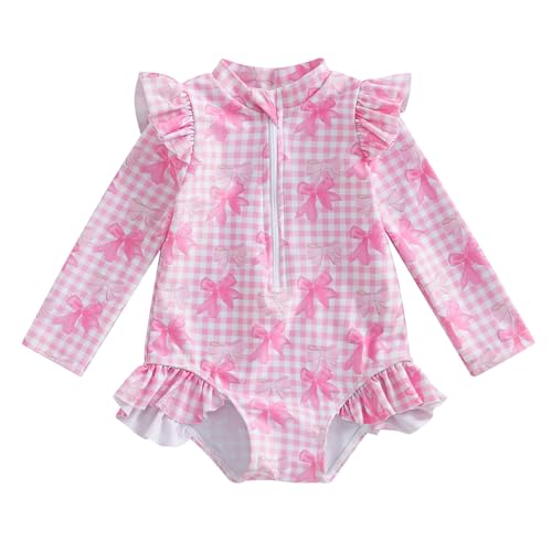 KMBANGI Toddler Baby Girl Bowknot Swimsuit Kids Rash Guard Plaid Long Sleeve One Piece Bathing Suit Ruffle Swimwear Beach (Pink, 12-18 Months)
