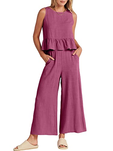 Image of ANRABESS Women's Summer 2 Piece Outfits Sleeveless Tank Crop Button Back Top Cropped Wide Leg Pants Set Pockets, Fuchsia, Small