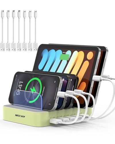 Image of MSTJRY Charging Station for Multiple Devices : 5 Port Multi USB-A Charger Stations Multi-Device Organizer Charging Dock Designed for iPhone iPad Cell Phone Tablets (7 Short Cables Included), Cyan