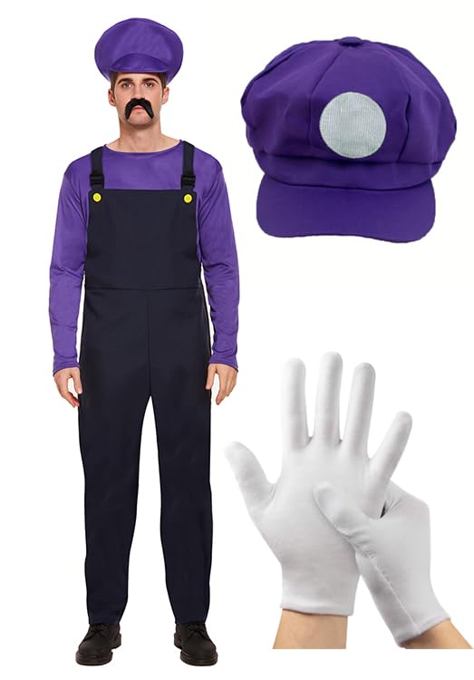 Super-Mario-Kostüm für Herren, Schurken-Klempner-Overall, Videospiel-Charakter, Kostüm, Hut mit Logo und kurzen weißen Handschuhen (Waluigi-Kostüm, Hut und Handschuhe, lila)