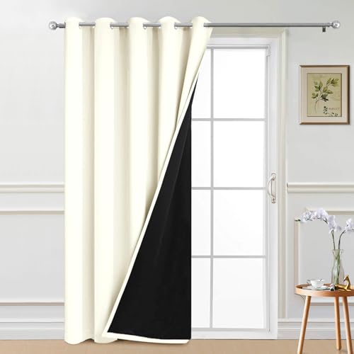 Image of Yakamok Cream 100% Blackout Patio Door Curtain Panels W70 x L84,1 Panel | Noise Reducing Barrier Panel for Sliding Glass Door, 2 Thick Layers Heat Full Light Blocking Patio Door Drapery