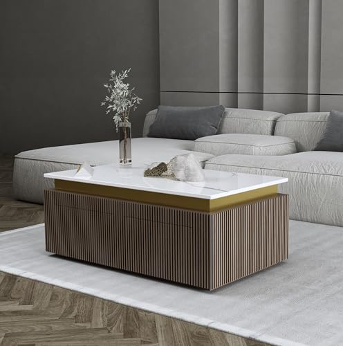 Image of Luxury Marble-Top Wooden Center Table for Living Room | Louvers | Modern Entryway Furniture | Coffee Table (24 inchX42 inchX17 inch)