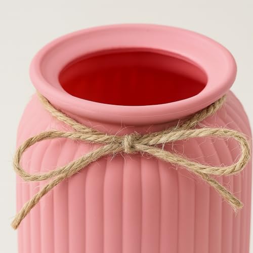 Image of Plastic Ribbed Decorative Vase with Jute Rope Top | Ceramic Look, Unbreakable Flower Pot for Centre Table, Balcony & Living Room Decor | Only Vase (No Flower) (Pink)