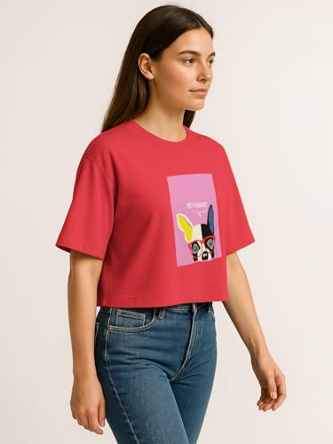 Image of HELLCAT Beige Printed Loose Fit Crew-Neck Crop T-Shirt for Women