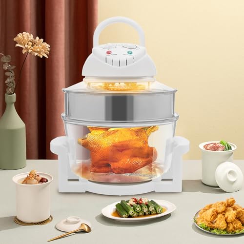 Wawuwao 17L Air Fryer with Glass Bowl, 360° Viewable Turbo Convection Oven with Expansion Ring, Glass Air Fryer with 2 Roast Racks, Timer & Temperature Control, for Home Kitchen