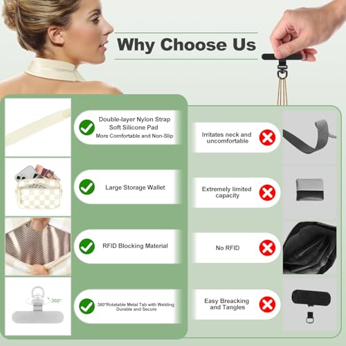 Image of YFWE Clip and Go Strap for Phone with Wallet Crossbody, Adjustable Phone Lanyard with Detachable RFID Wristlet Wallet, Phone Strap with Phone Tabs for All Phones, Cream Checkered (M)