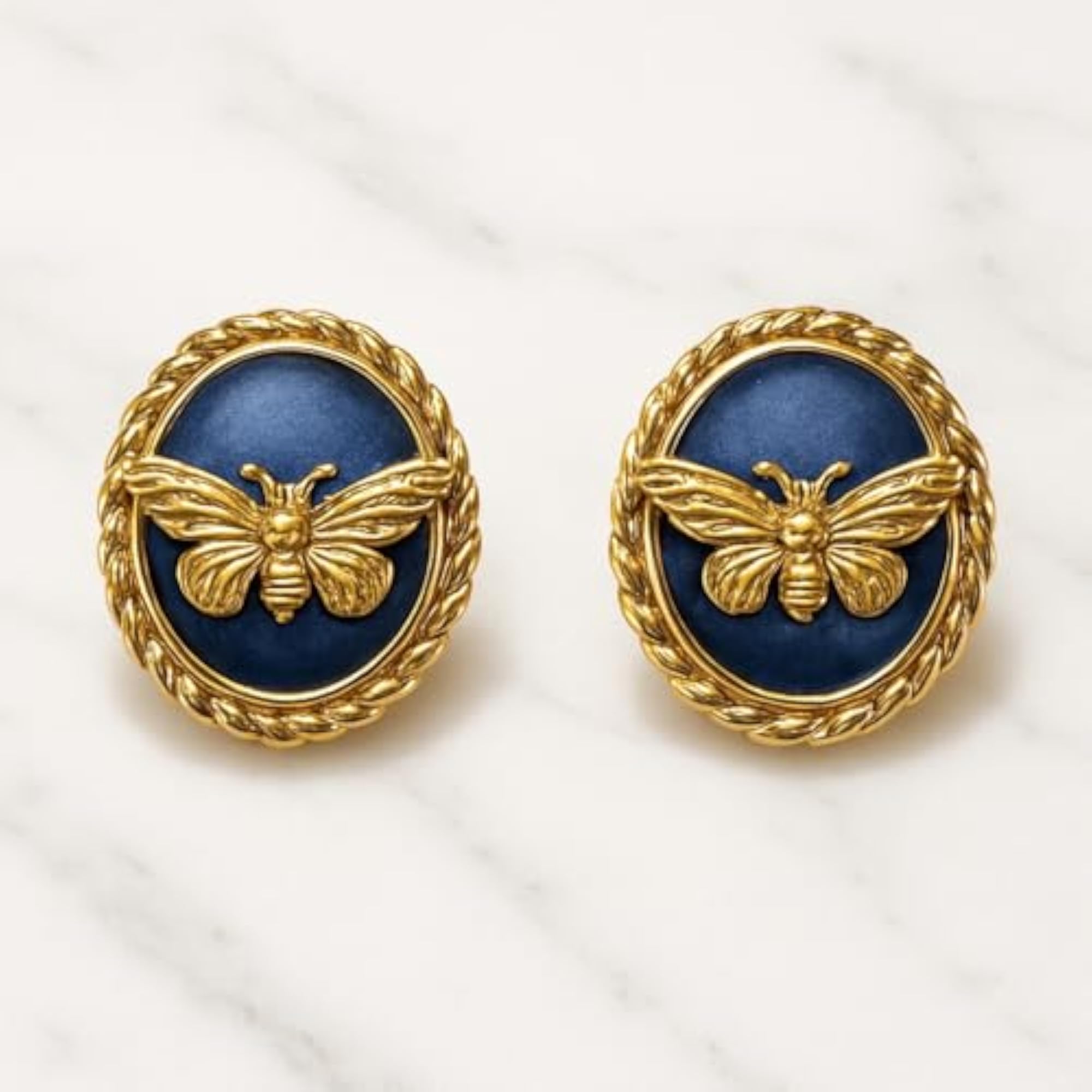 Women's Gold Bee Design Blue Enamel Stud Earrings Set