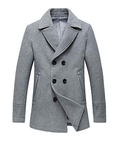Men's Winter Coat Short Classic Notched Collar Double Breasted Wool Blend Pea Coat Grey