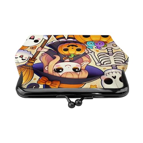 Pu Leather Buckle Coin Purse Kawaii-Halloween-Witches-Skeletons Girls Kiss-Lock Change Purse Wallets2