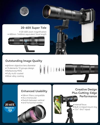 Image of 20-60X Zoom Telephoto Lens, Evil Eye High Power HD Telephoto Phone Lens with Tripod and Universal Phone Clip for iPhone 16 /15 /14 /13 Series, Samsung, Android Phone and Most Smartphone