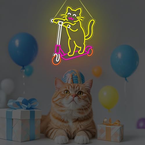 Image of Cute Cat Neon Sign, Skateboard Neon Signs for Wall Decor Dimmable USB Room Decor for Teen Girl, Party, Bedroom, Pub, Furniture, Gifts for Birthday, Christmas (Skateboard Cat-Yellow)