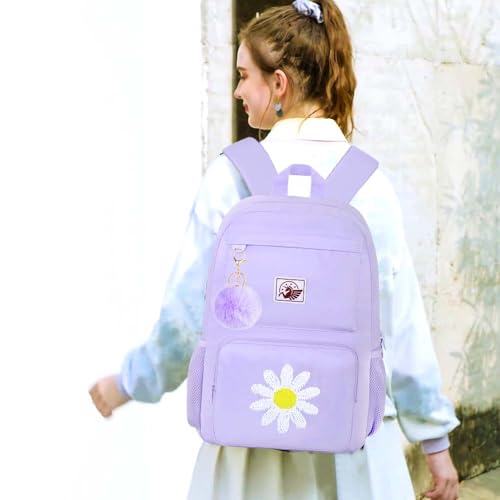 KLFVB Bookbag for Girls, 17.5" Cute Seuqins Aesthetic Backpack, Water Resistant College School Bag for Women Teens Middle Primary Students - Flower Purple2