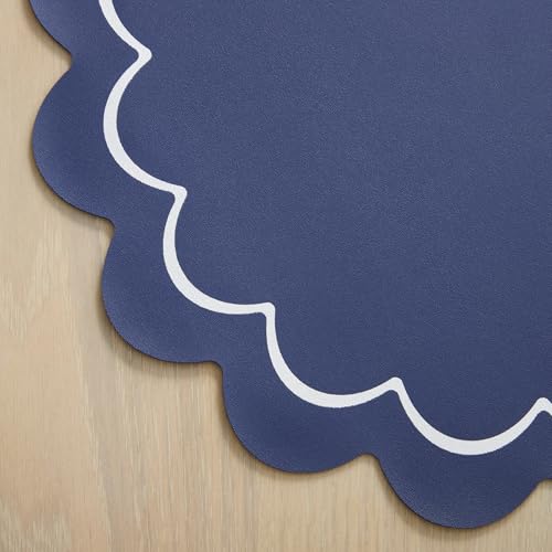 Image of kate spade new york Scallop Edge Round Reversible Placemats 6-Pack Set, Imitation Leather with Metallic Print, Water Resistant, Easy Wipe Clean, Navy /Silver, 15 inch Round