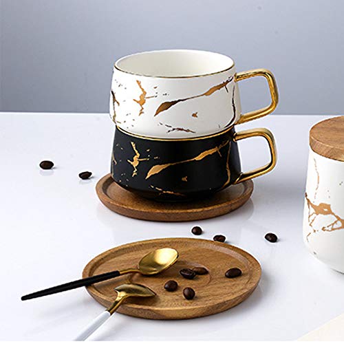 ENJOHOS 10 Oz Ceramic Tea Cup Coffee Cup Set with Wooden Saucer European Golden Hand Cup Saucer Set(Black) - Thumbnail 2
