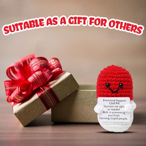 Image of Cute Red Pill Crochet,Positive Capsule Knitted with Inspirational Card,CNA Nurse Appreciation Keepsake for Doctors, Pharmacists, RN, LPN, Healthcare Heroes, Office Decor & Party Favor