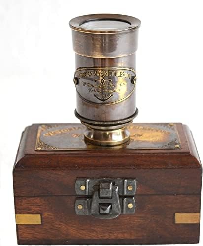 Brass Antique Finish 6"" Victorian Marine Handheld Mini Telescope with Wooden Box Nautical Gift